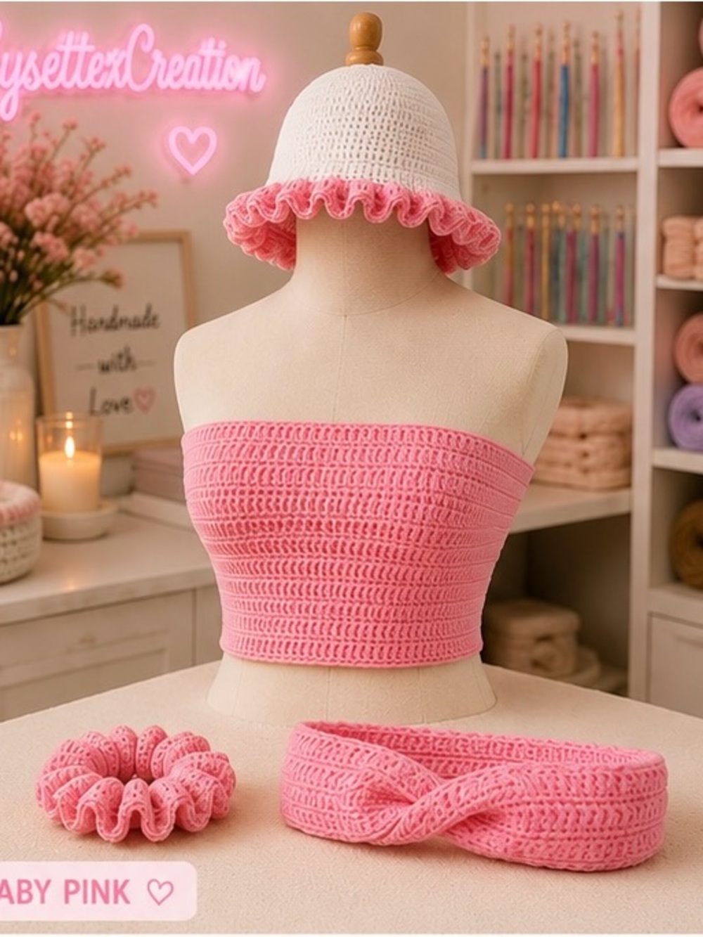 Handmade Baby Pink Crochet Tube Top + Hat Set